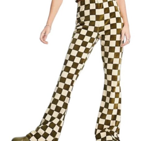 Topshop brown beige checkerboard full print flare pants size 10 - Picture 1 of 6
